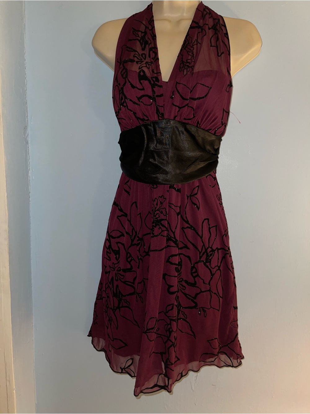 Speechless Brand Purple Floral Halter Dress with Black Sash. Size Large